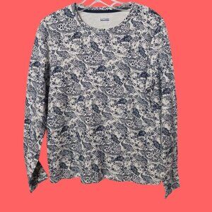 Basic Editions Womens Paisley Print Long Sleeve Shirt  Blue & White Medium